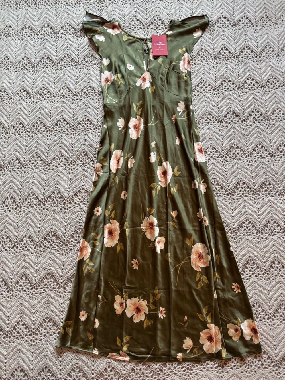 NWT Old Navy Olive Green Floral Dress Blush Accents Maxi Cocktail Size Small